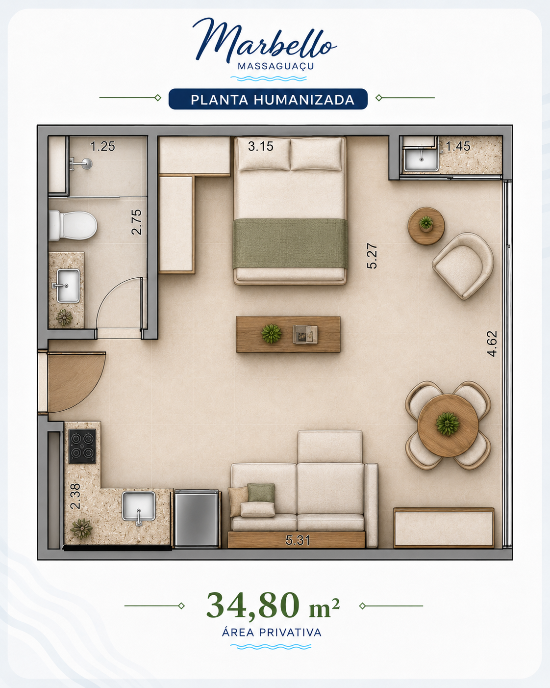 Estúdio 34,80 m² · Finais 3, 4, 5 e 6 — Marbello Residence